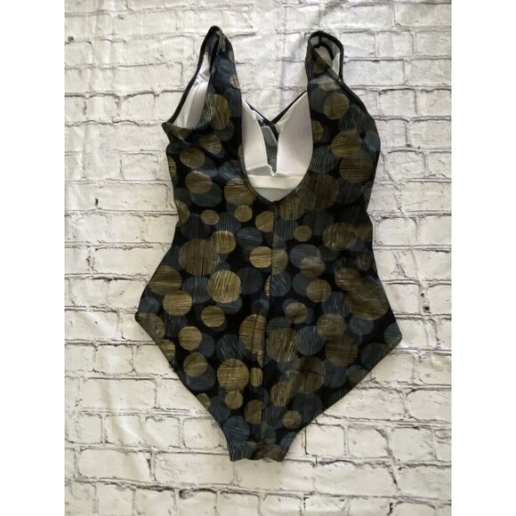 Byron Blue Australia Womans One Piece Swimsuit Black Gold Blue Circle Size 12 - Picture 10 of 16